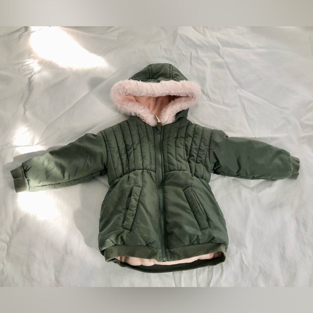 First Impressions Olive & Soft Pink Quilted Coat Fleece Lined 2T